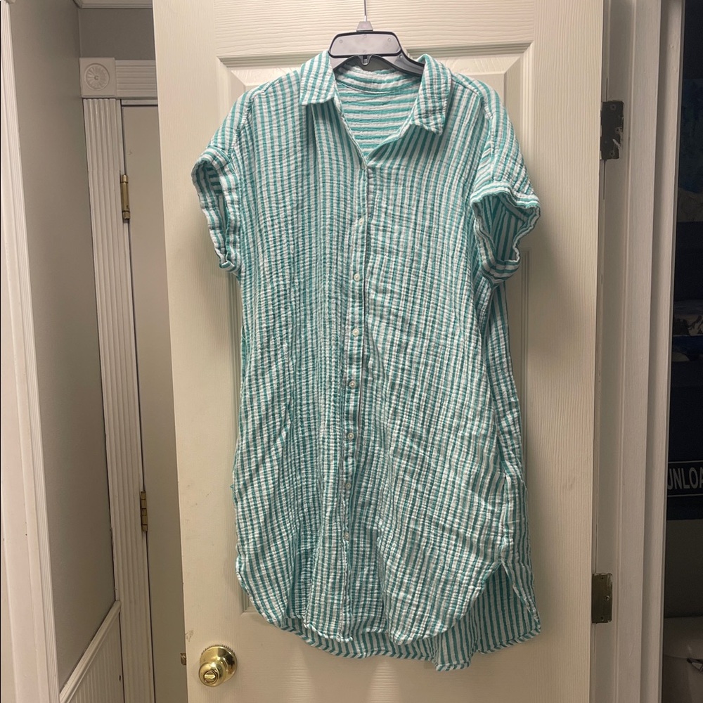 Green Striped Button Up Dress